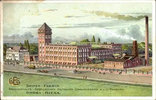 Litho Gröba Riesa an der Elbe Sachsen, Seifen Fabrik, Schornstein, Fertigungshalle