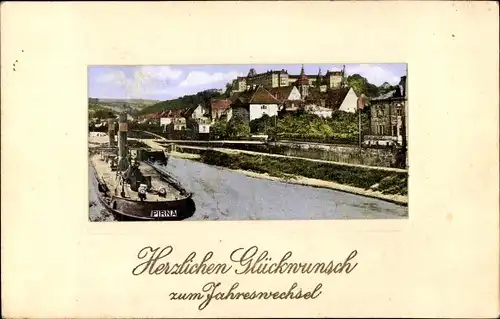 Ak Pirna an der Elbe, Teilansicht, Dampfer