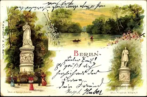 Litho Berlin Tiergarten, Denkmal der Königin Luise, Neuer See, Friedrich Wilhelm