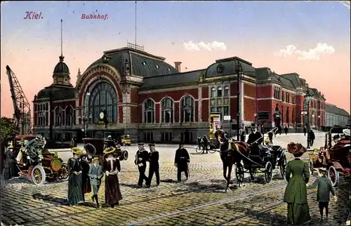 Ak Kiel in Schleswig Holstein, Bahnhof, Kutsche, Kran