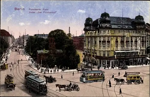 Ak Berlin Tiergarten, Potsdamer Platz, Hotel "Der Fürstenhof", Straßenbahn