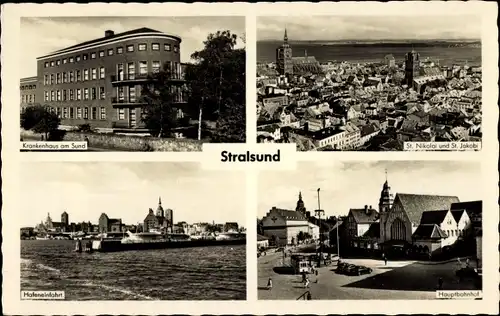 Ak Stralsund in Vorpommern, Krankenhaus am Sund, St. Nikolai, St. Jakobi, Hafeneinfahrt, Bahnhof
