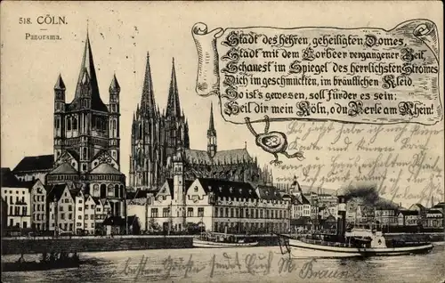 Ak Köln am Rhein, Rheinpanorama, Gedicht, Dom, Dampfer