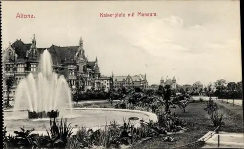 Ak Hamburg Altona, Kaiserplatz mit Museum, Springbrunnen