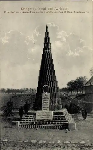 Ak Avricourt Meurthe et Moselle, Kriegerdenkmal für Gefallene des 9. Res.-Armeekorps