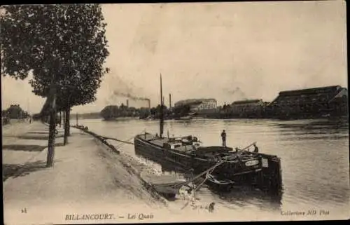 Ak Billancourt Hauts de Seine, Les Quais, Lastkahn