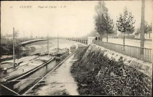 Ak Clichy Hauts de Seine, Brücke, Lastkähne