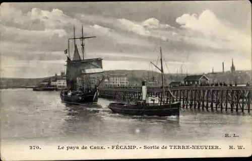 Ak Fécamp Seine Maritime, Sortie de Terre-Neuvier, Segelschiff, Schlepper