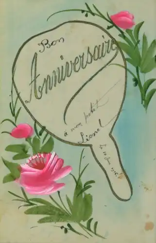 Zelluloid Handgemalt Ak Blumen, Rosen, Kitsch