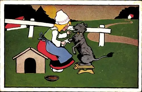Ak Mädchen verbindet die Pfote von einem Hund