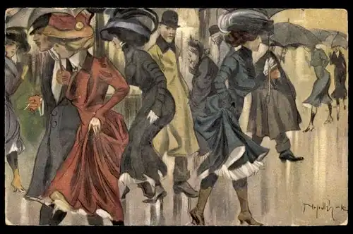 Künstler Ak Passanten, Frauen mit Regenschirmen, Mann mit Zigarette