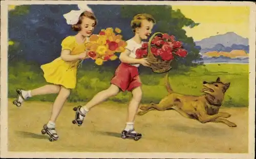 Ak Kinder fahren Rollschuh, Blumenstrauß, Hund