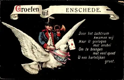 Ak Grüße aus Enschede, Mann mit Posthorn reitet auf Taube