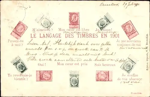 CPA Le Langage des Timbres en 1901, Je souffre de ton absence, Je me souviens toujours de toi