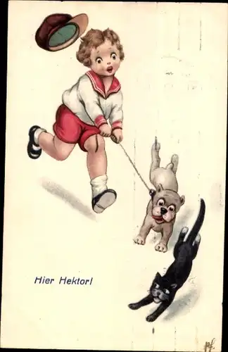 Ak Hund jagt eine Katze, Spaziergang, Leine