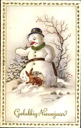 Ak Glückwunsch Neujahr, Schneemann mit Loch im seinem Körper, Hase