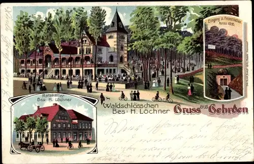 Litho Gehrden Niedersachsen, Waldschlösschen, Bes. H. Löchner, Ratskeller, Eingang zum Felsenkeller