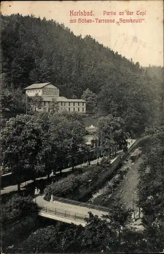 Ak Karlovy Vary Karlsbad Stadt, Partie an der Tepl, Höhen-Terrasse Sanssouci