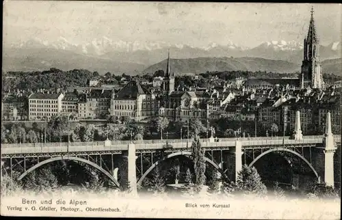 Ak Bern Stadt Schweiz, Blick vom Kursaal auf Stadt,  Brücke, Alpen