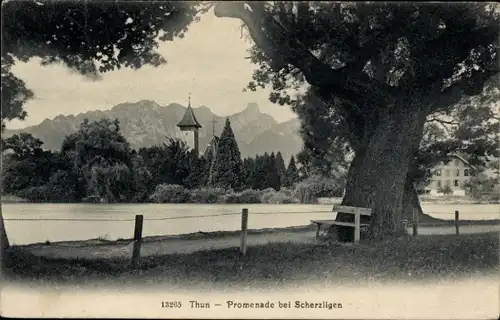 Ak Scherzligen Strättligen Thun Kt. Bern Schweiz, Promenade, Kirchturm