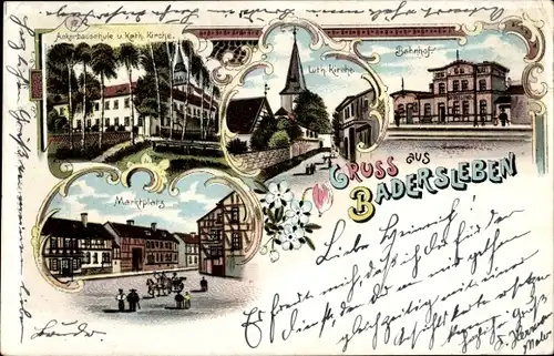 Litho Badersleben Huy im Landkreis Harz, Ackerbauschule, Kirchen, Bahnhof, Marktplatz