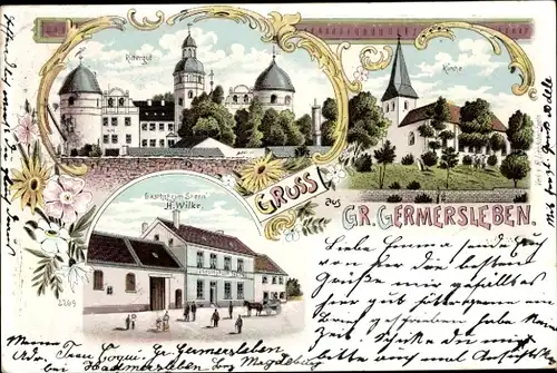 Litho Groß Germersleben Oschersleben an der Bode, Rittergut, Kirche, Gasthof zum Stern