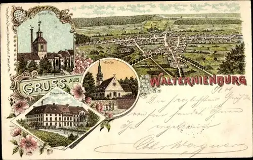 Litho Walternienburg Zerbst in Anhalt, Herzogl. Amt, Kirche, Poleymühle, Totalansicht