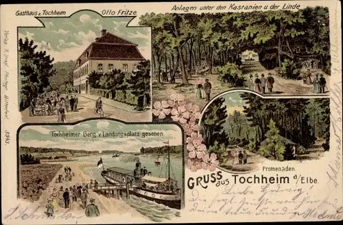 Mondschein Litho Tochheim Zerbst, Gasthaus von Otto Fritze, Tochheimer Berg, Landungsplatz, Elbe