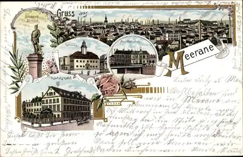 Litho Meerane in Sachsen, Gesamtansicht, Bismarck-Denkmal, Neue Webschule, Rathaus, Härtels Hotel