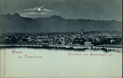 Mondschein Ak Rosenheim Oberbayern, Totale bei Nacht vom Höhensteiger aus
