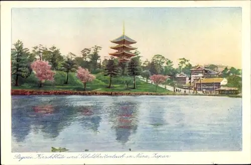 Ak Nara Präfektur Nara Japan, Pagode, Kirschblüten, Schildkrötenteich