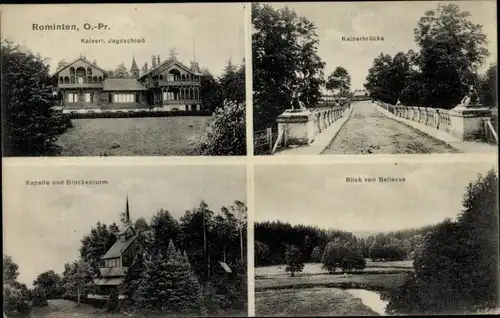 Ak Krasnolessje Rominten Ostpreußen, Jagdschloss, Kaiserbrücke, Kapelle, Glockenturm