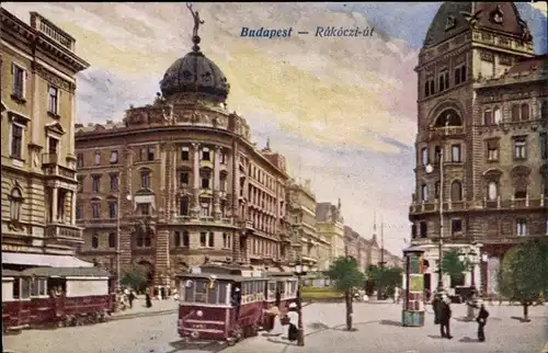 Künstler Ak Budapest Ungarn, Rakoczi ut, Straßenbahn