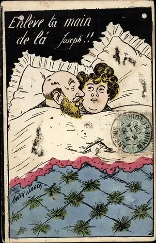 Künstler Ak Sager, Xavier, Enleve ta main de la Joseph, Mann und Frau im Bett