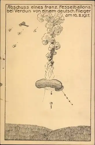 Künstler Ak Abschuss eines französischen Fesselballons bei Verdun, 16.03.1917