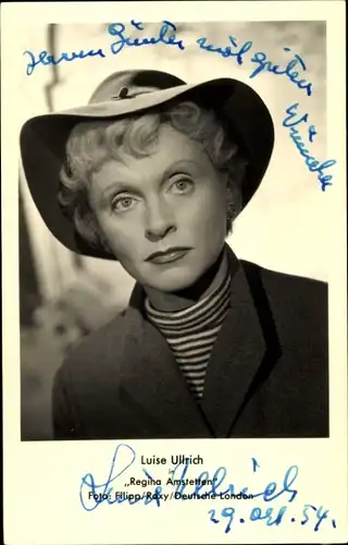 Ak Schauspielerin Luise Ullrich, Portrait, Film Regina Amstetten, Hut, Autogramm