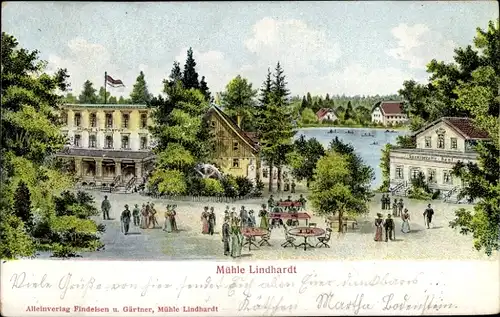 Litho Lindhardt Naunhof im Kreis Leipzig, Gasthof Mühle Lindhardt