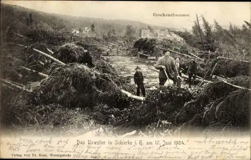 Ak Schierke Wernigerode im Harz, Unwetter am 17. Juni 1904, Brockenchaussee