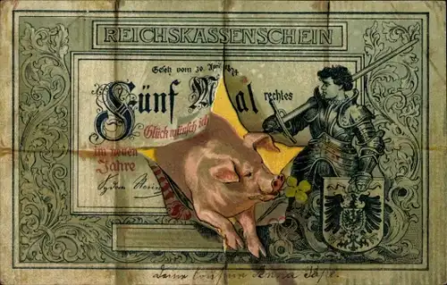 Ak Reichskassenschein, Neujahr, Schwein, Ritter, Wappen