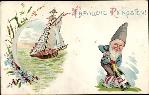 Litho Fröhliche Pfingsten, Zwerg, Segelboot, Maibowle