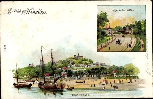 Litho Hamburg Altona Blankenese, Helgoländer Allee, Süllberg, Panorama