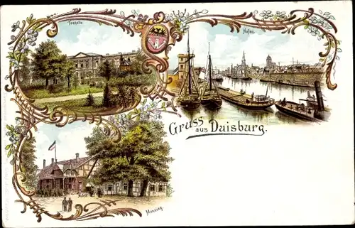 Wappen Litho Duisburg im Ruhrgebiet, Tonhalle, Hafen, Monning