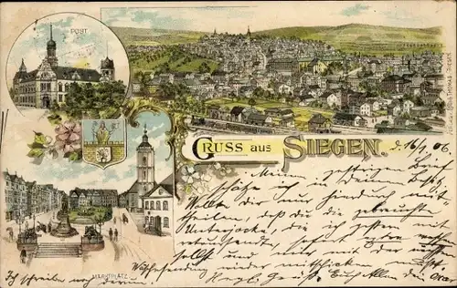 Litho Siegen in Westfalen, Panorama, Post, Marktplatz, Wappen