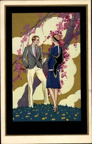 Ak Liebespaar, Gespräch, Blühender Baum, Wiese