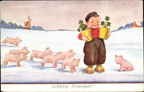 Künstler Ak Wills, John, Junge, Niederländische Volkstracht, Schweine