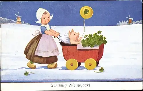 Künstler Ak Wills, John, Neujahr, Mädchen in niederländischer Tracht, Schweinchen im Puppenwagen