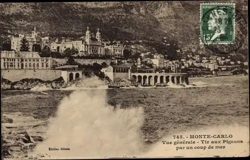 Ak Monte Carlo Monaco, Vue generale, Tir aux Pigeons par un coup des mer