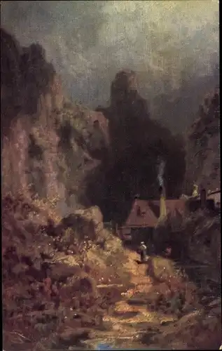 Künstler Ak Spitzweg, Carl, Landschaft, Haus, Felsen