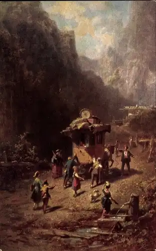 Künstler Ak Spitzweg, Carl, Dorfidyll, Kutsche, Dorfbewohner