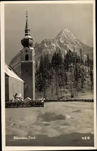 Ak Biberwier Tirol, Kirchturm, Berg, Winter
